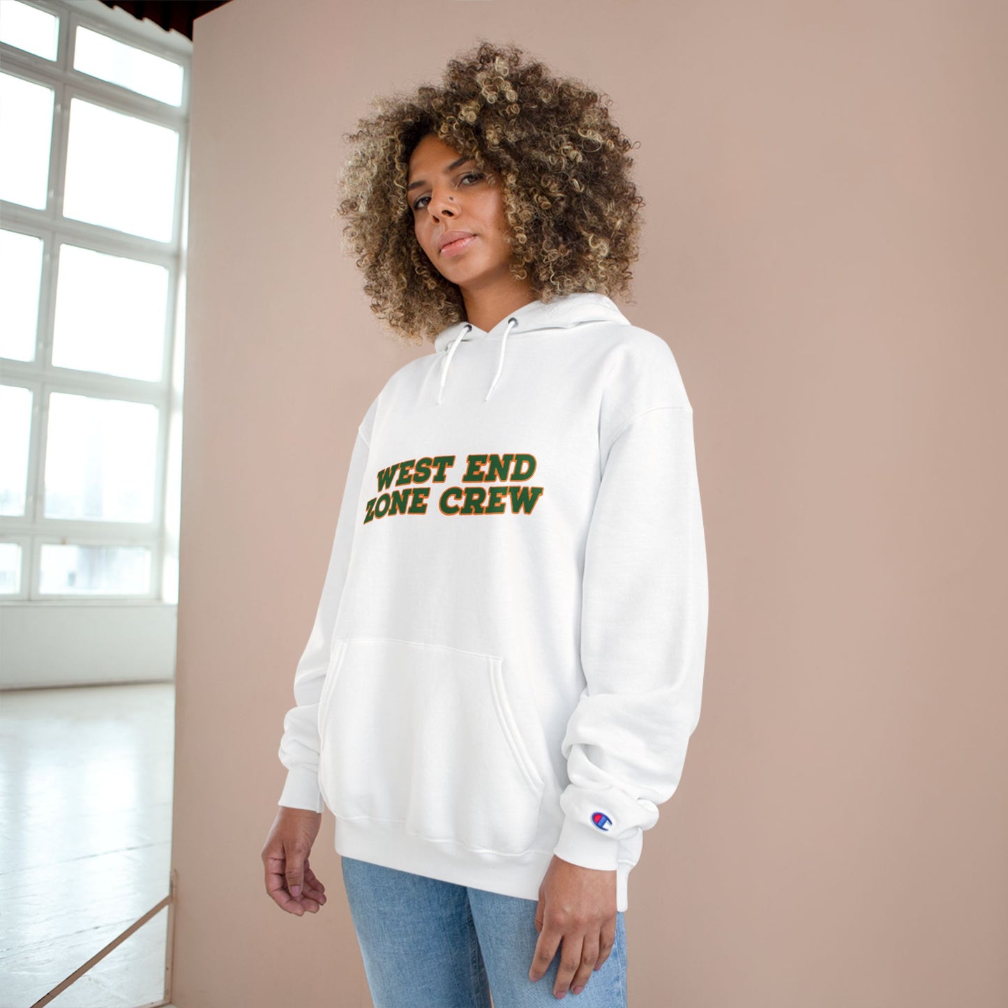 West End Zone Crew Hoodie — Champion-Style White Pullover
