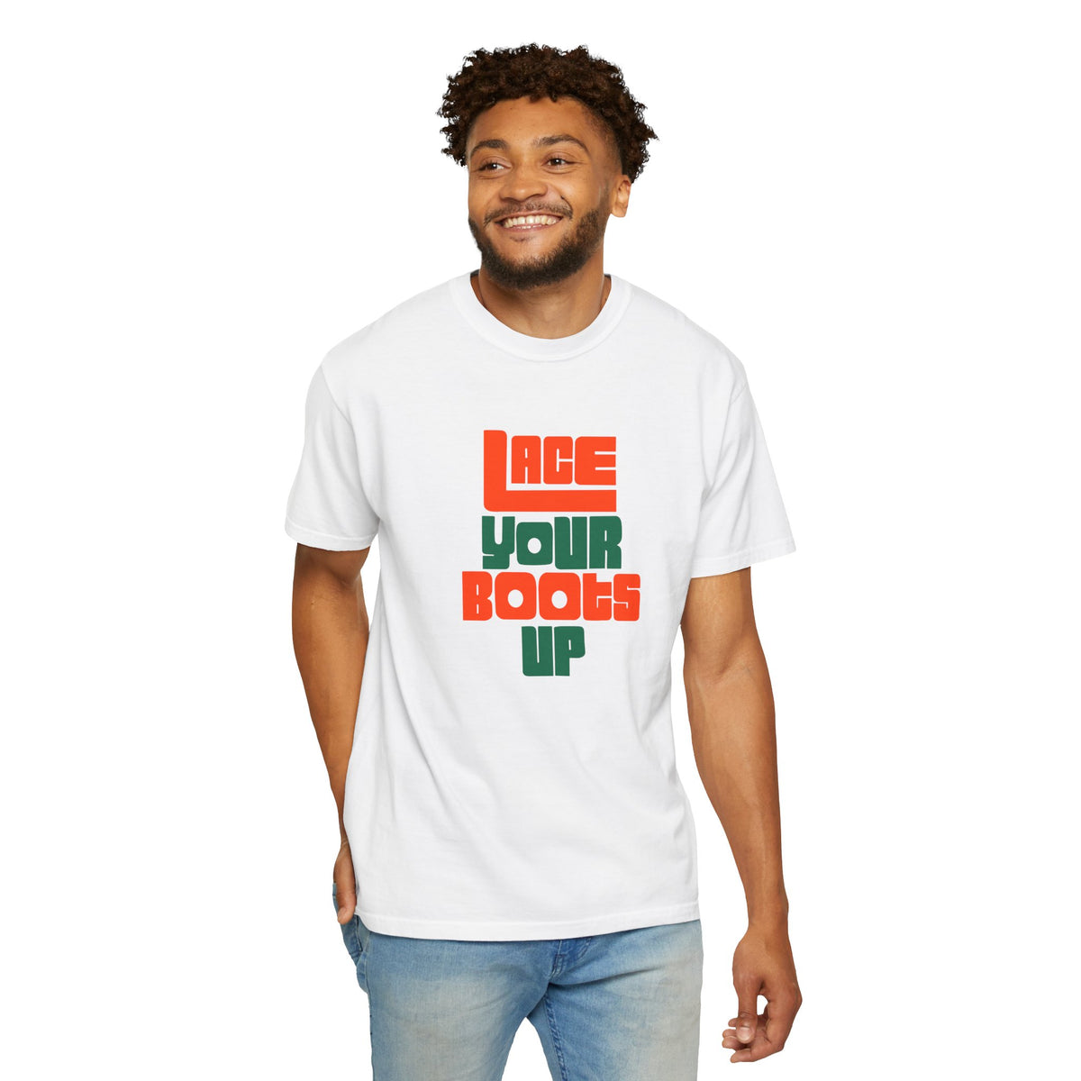 Lace Your Boots Up T-Shirt — Retro Block Letter Graphic Tee