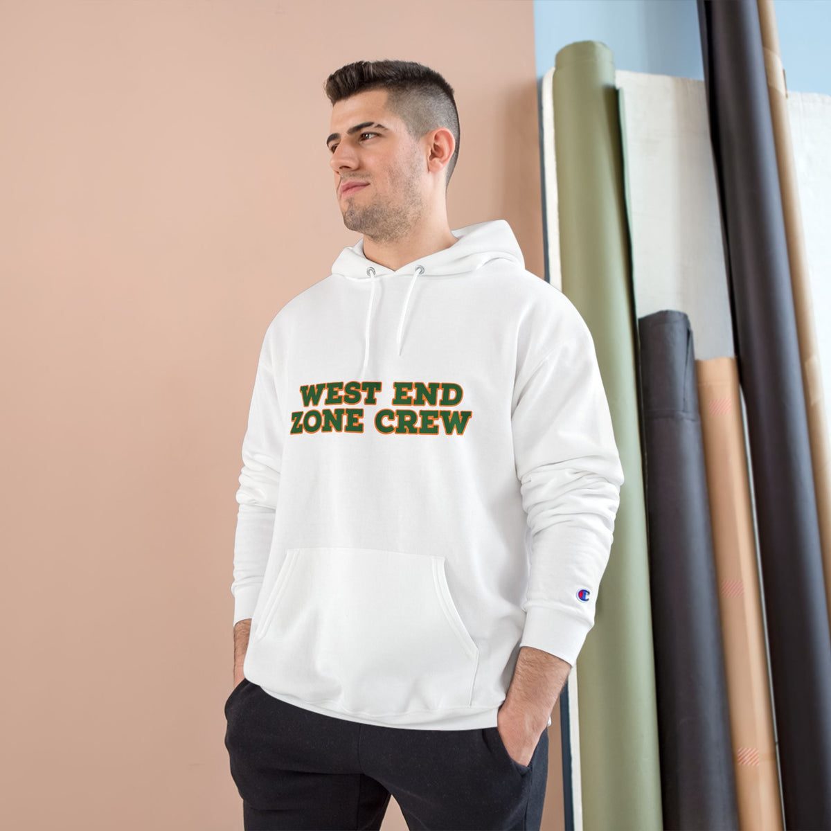 West End Zone Crew Hoodie — Champion-Style White Pullover