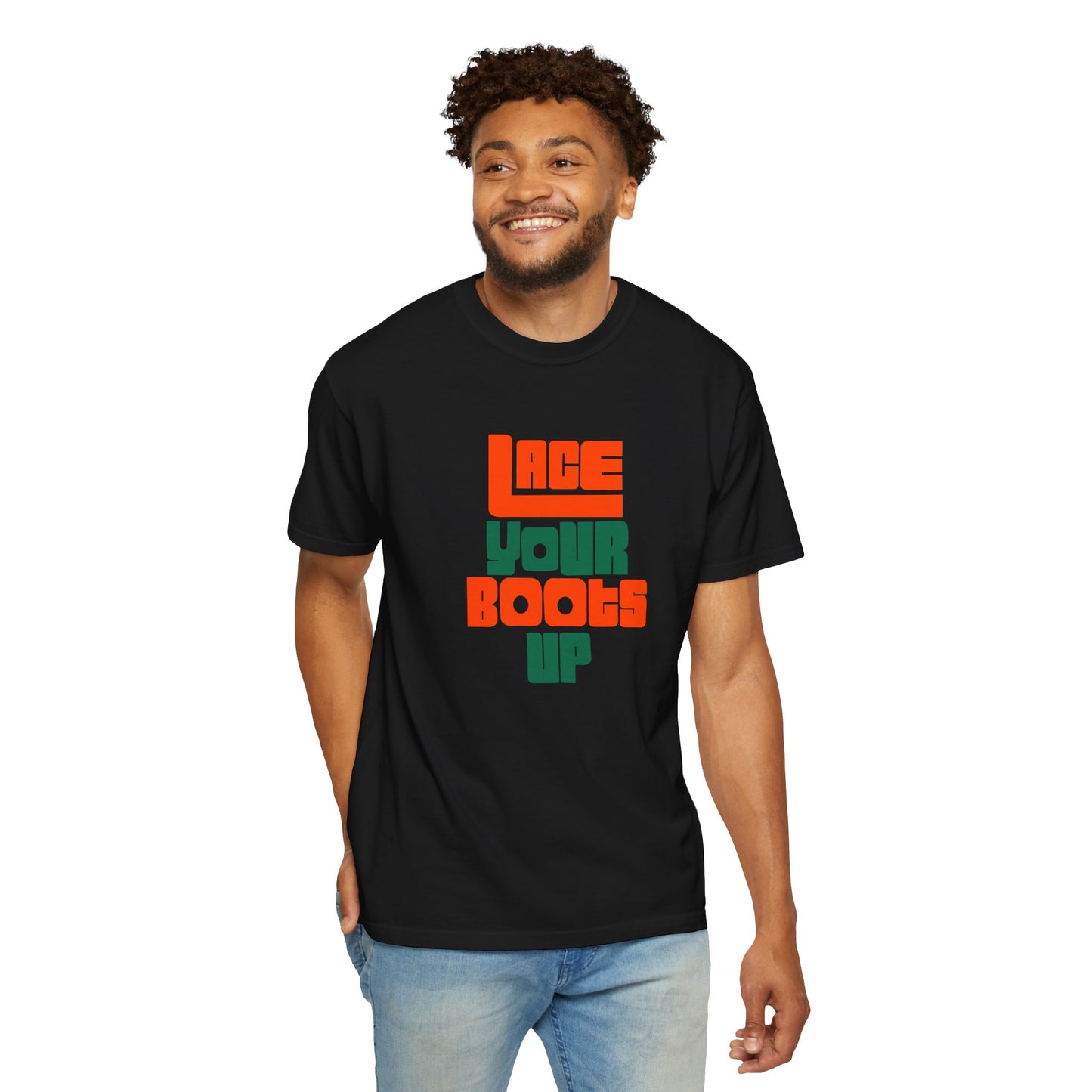 Lace Your Boots Up T-Shirt — Retro Block Letter Graphic Tee